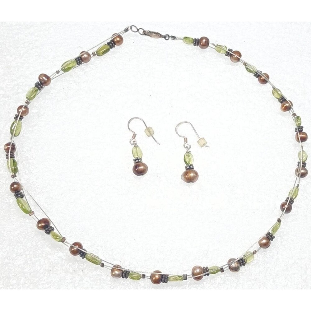 925 Sterling Beaded Necklace Earrings Boho Set Brown Green